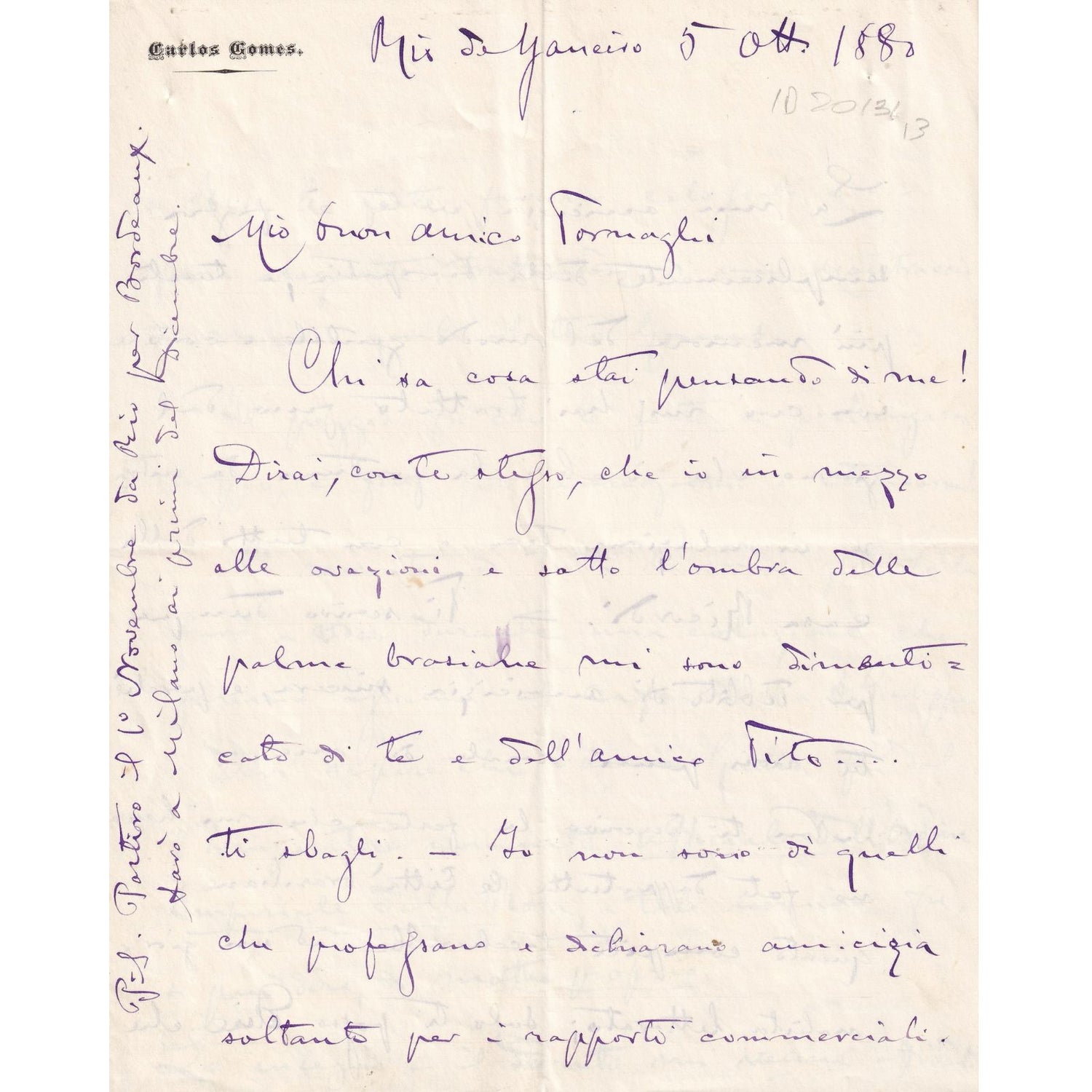 Carta manuscrita de Carlos Gomes (1880) Cartas Com certificado de autenticidade e garantia 