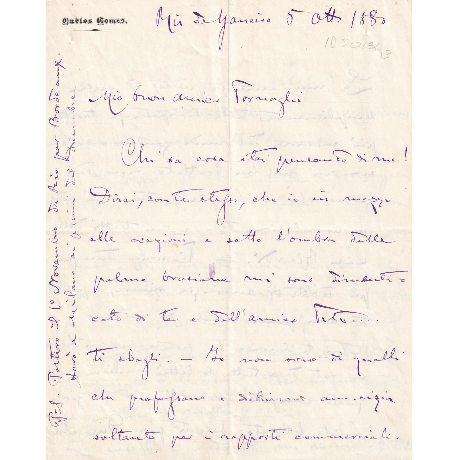 Carta manuscrita de Carlos Gomes (1880) Cartas Com certificado de autenticidade e garantia 