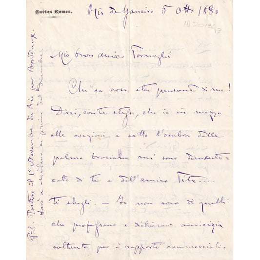 Carta manuscrita de Carlos Gomes (1880) Cartas Com certificado de autenticidade e garantia 