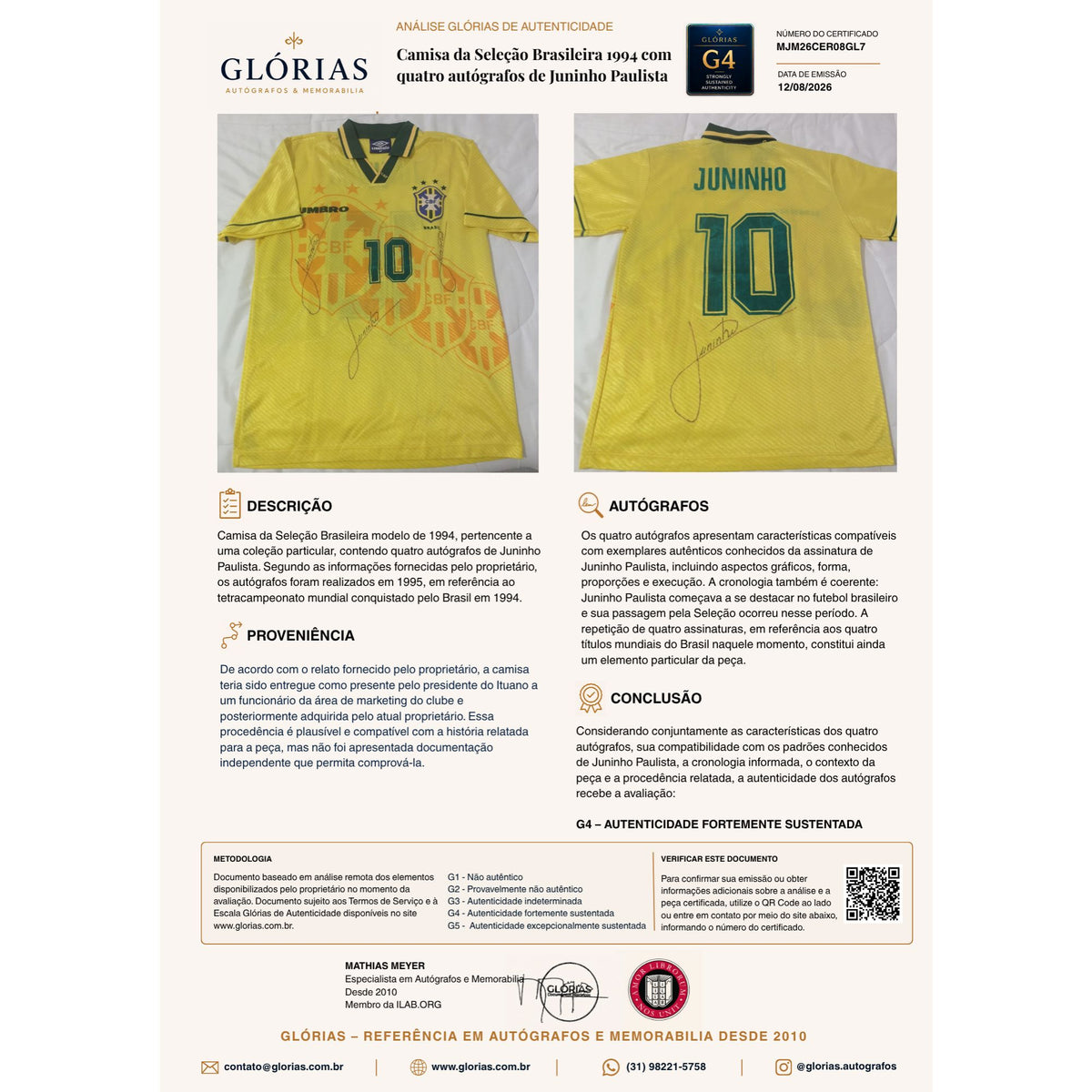 Camisa da Seleção Brasileira 1994 com quatro autógrafos de Juninho Paulista Camisas autografadas Com certificado de autenticidade e garantia 