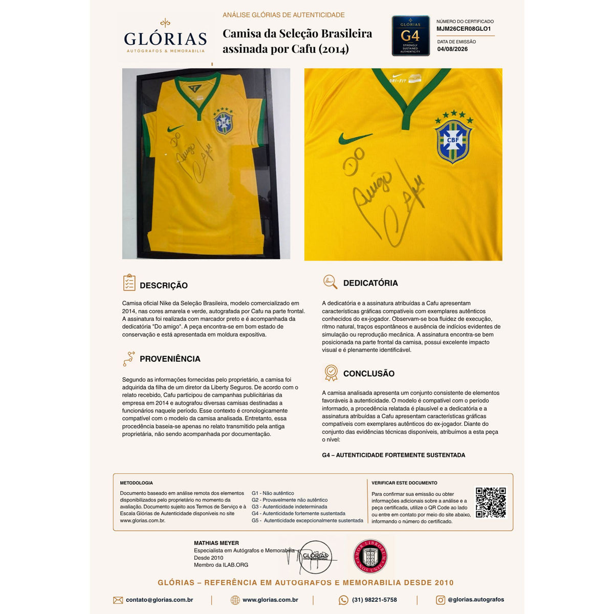 Camisa da Seleção Brasileira assinada por Cafu (2014) Camisas autografadas Com certificado de autenticidade e garantia 
