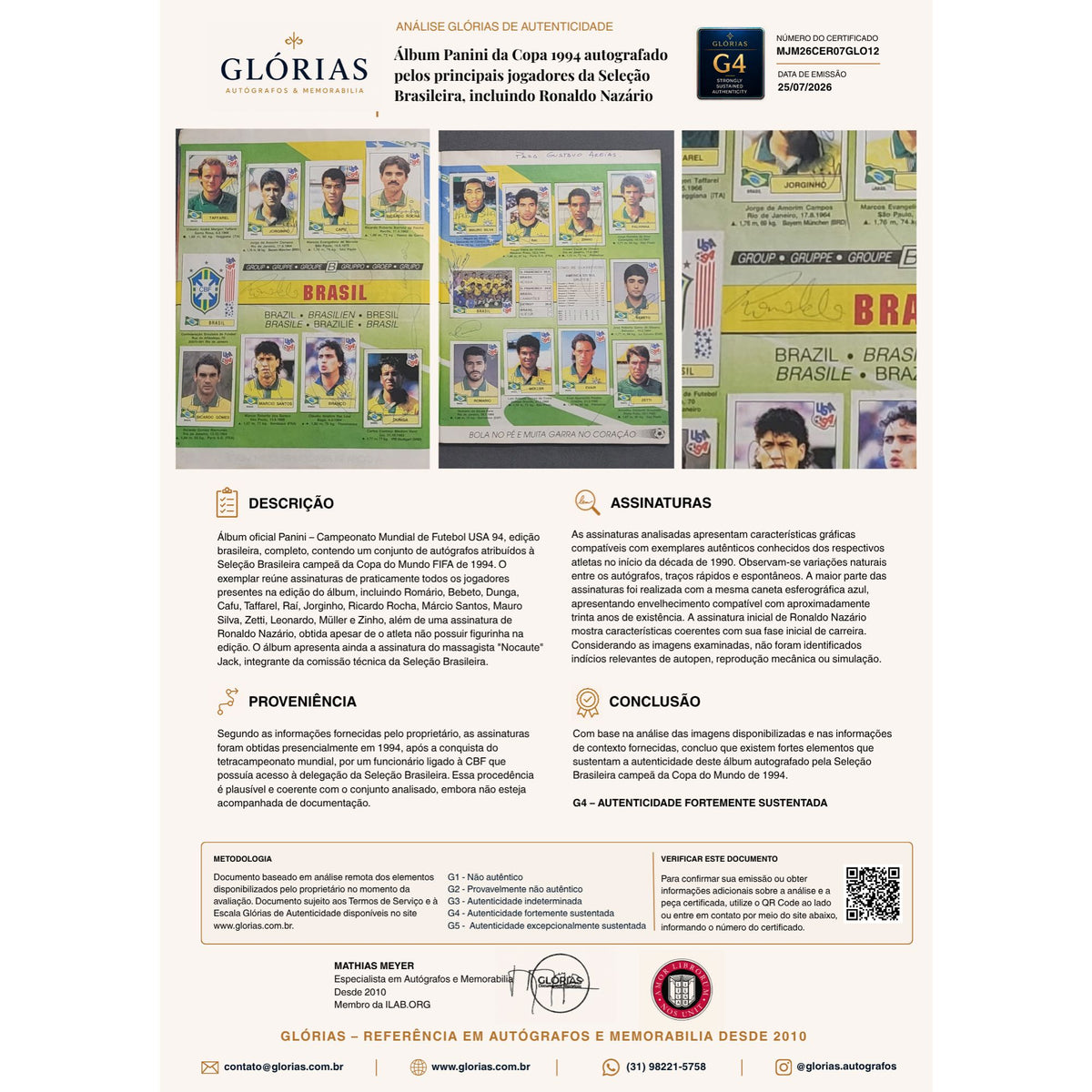 Álbum Panini da Copa 1994 autografado pelos principais jogadores da Seleção Brasileira, incluindo Ronaldo Nazário Diversos Com certificado de autenticidade e garantia 