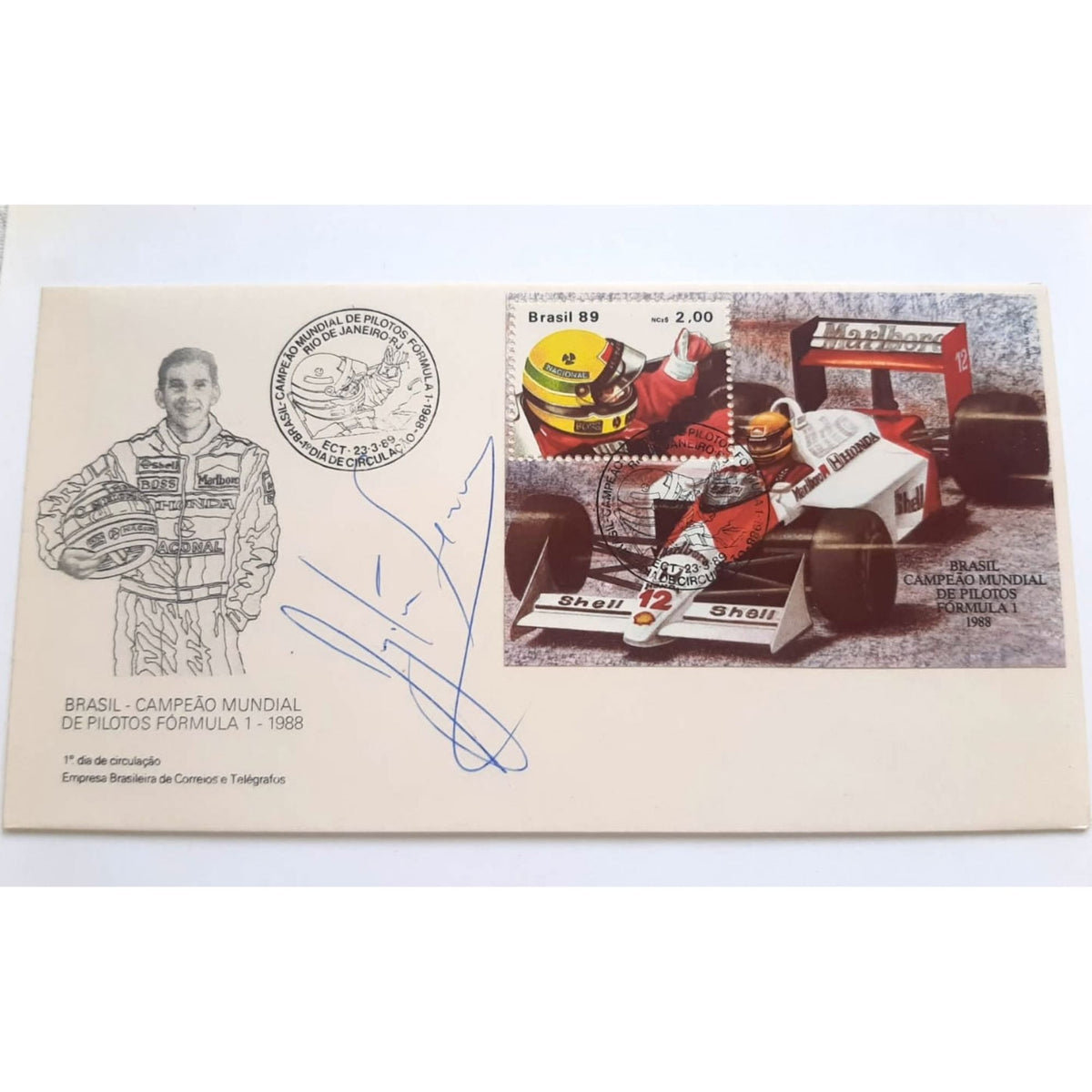 Bloco filatélico comemorativo de Ayrton Senna assinado pelo piloto Autógrafos e dedicatórias Com certificado de autenticidade e garantia 