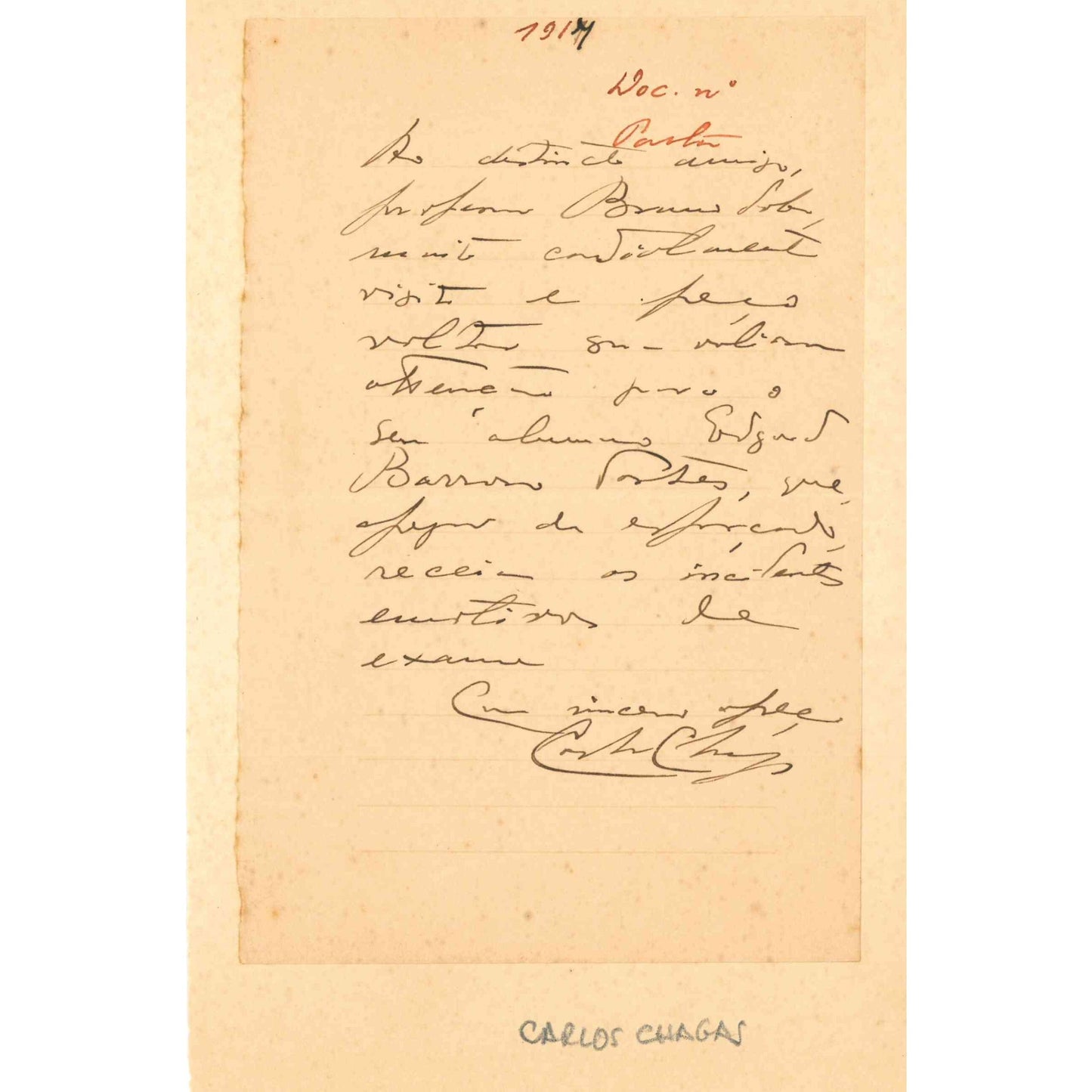 Carta manuscrita de Carlos Chagas (1917) Cartas Com certificado de autenticidade e garantia 