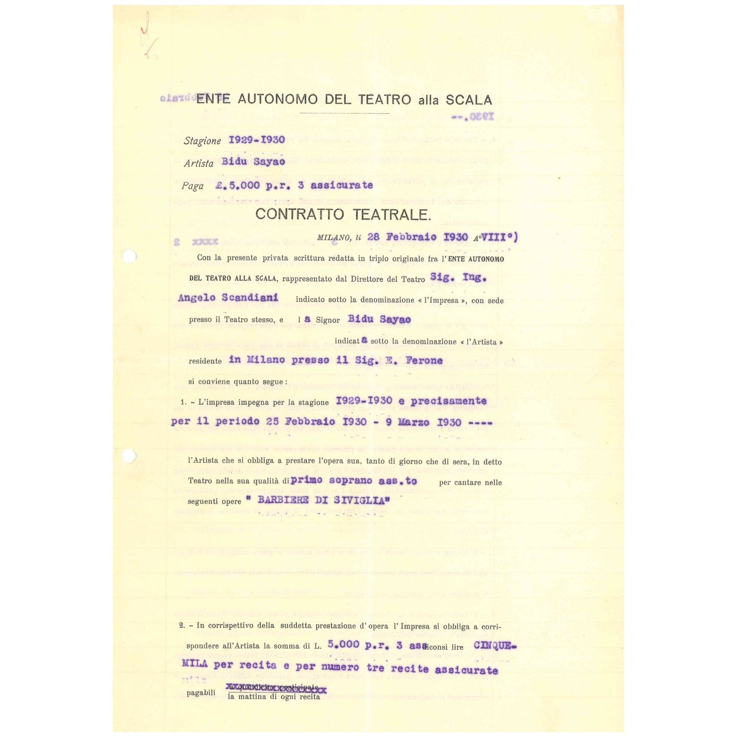 Contrato assinado por Bidu Sayão (1930) Cartas Com certificado de autenticidade e garantia 