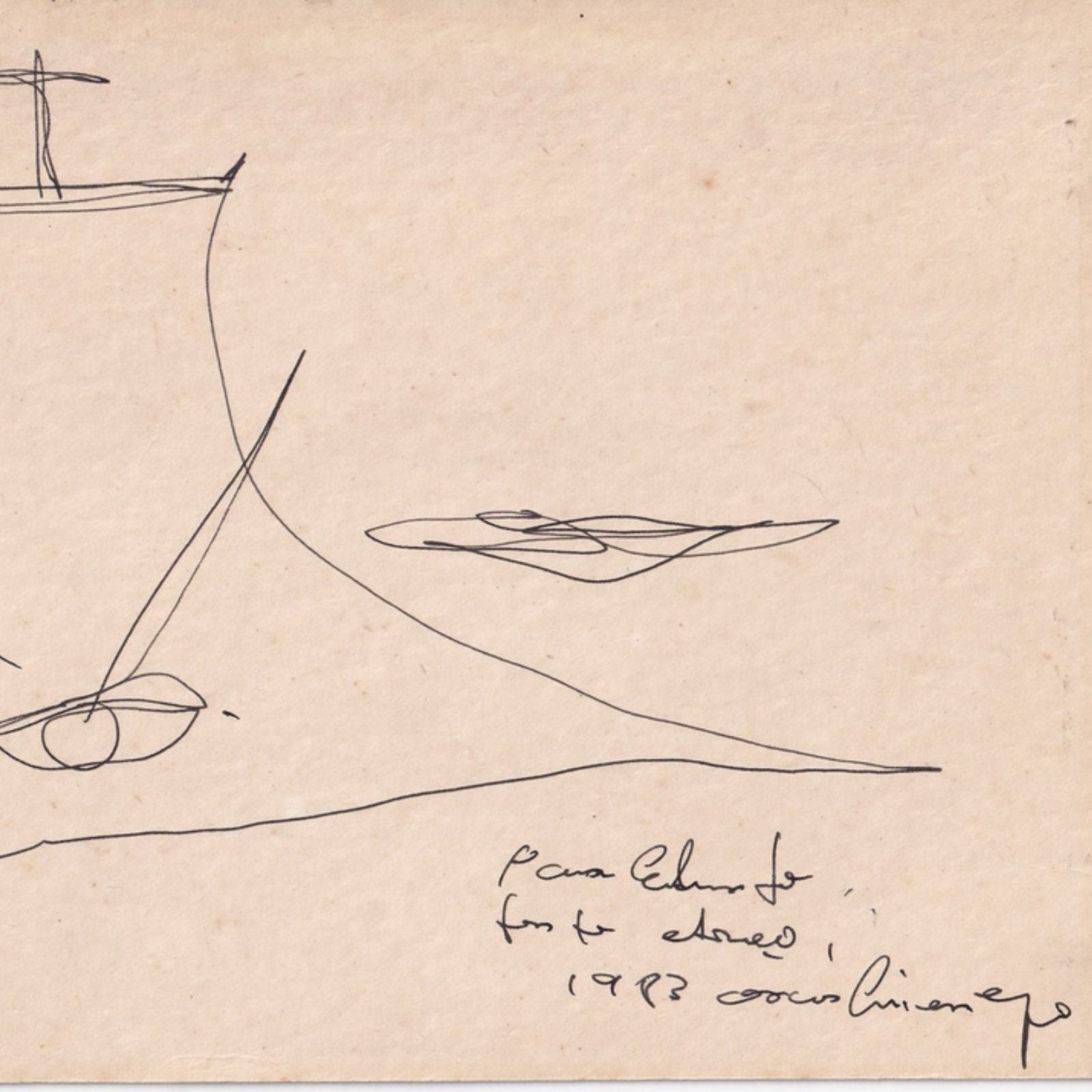 Desenho original com dedicatória de Oscar Niemeyer (1983) Desenhos Com certificado de autenticidade e garantia 