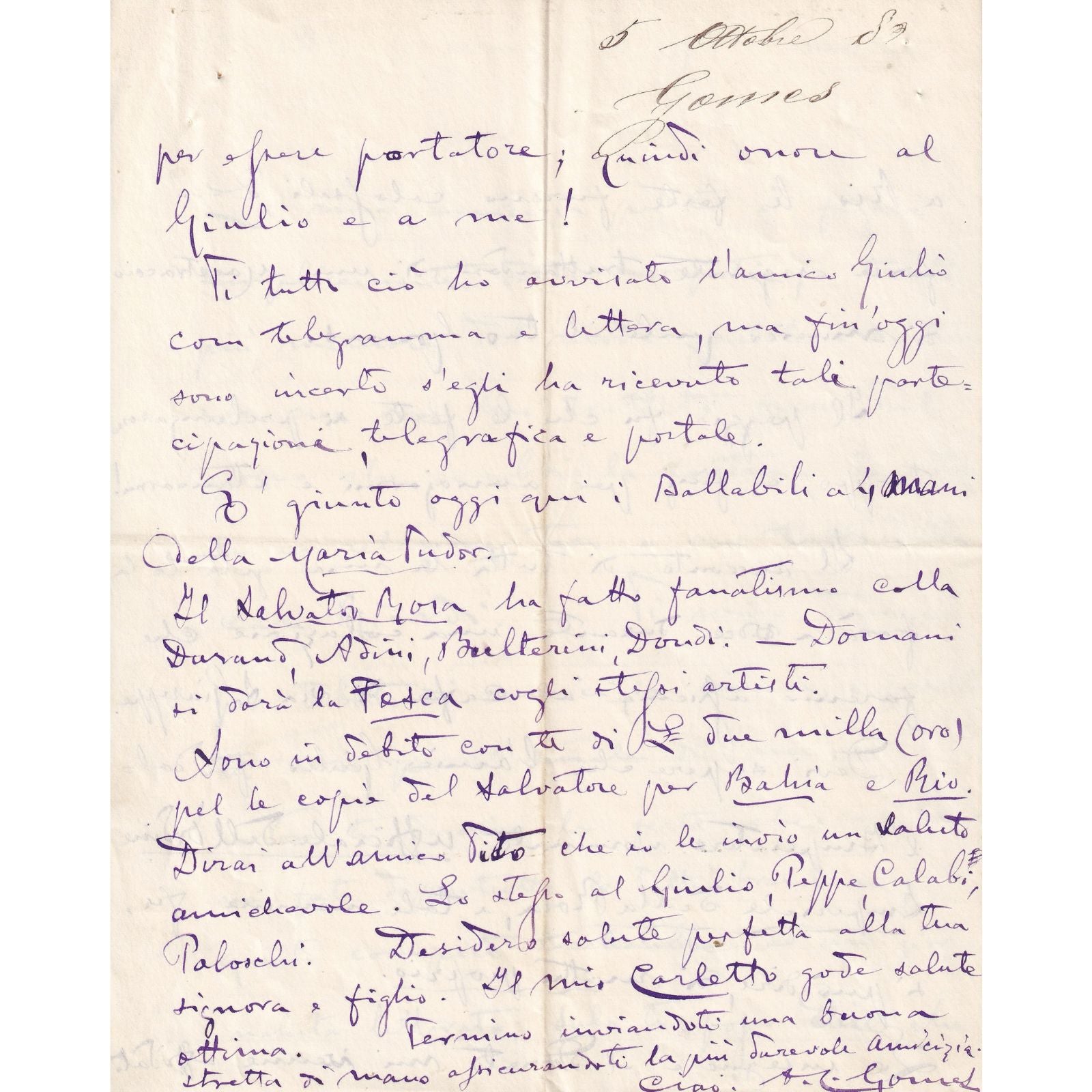 Carta manuscrita de Carlos Gomes (1880) Cartas Com certificado de autenticidade e garantia 