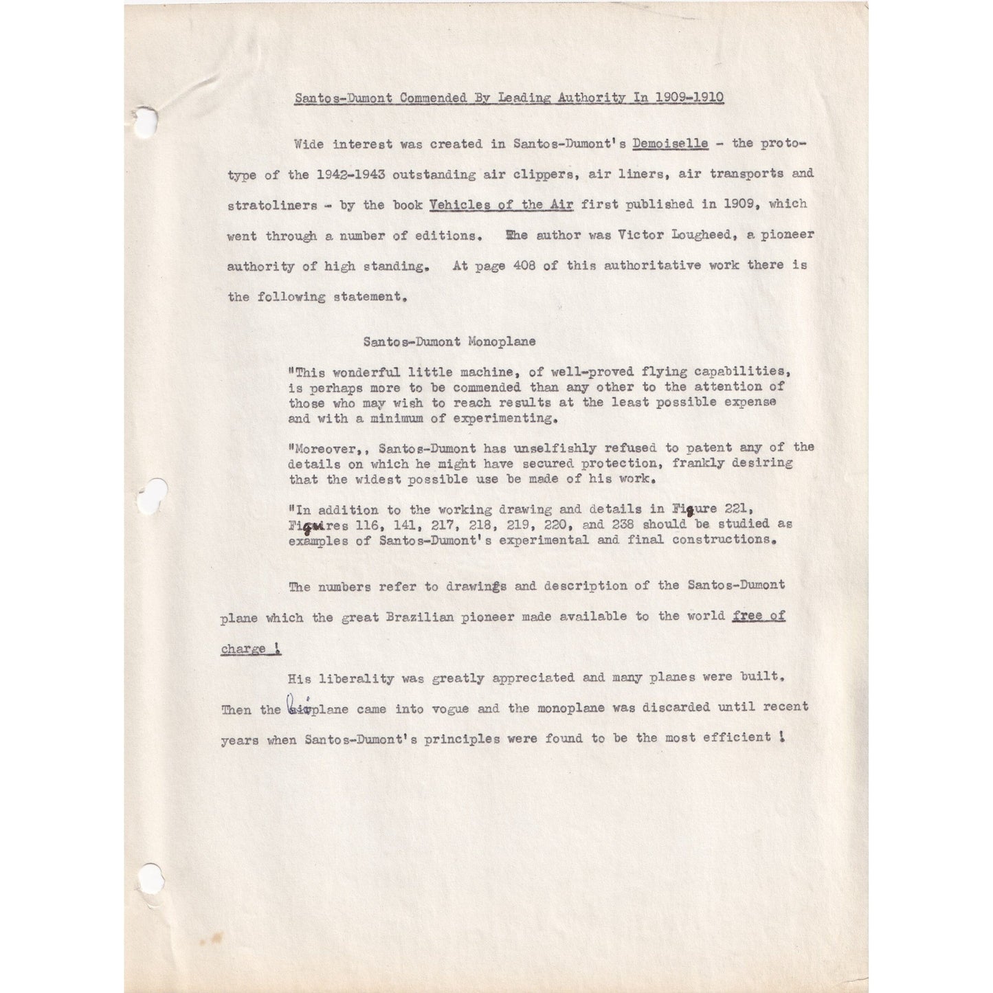 Estudo do legado de Santos-Dumont para a aviação (pós-Segunda Guerra Mundial) Manuscritos Com certificado de autenticidade e garantia 