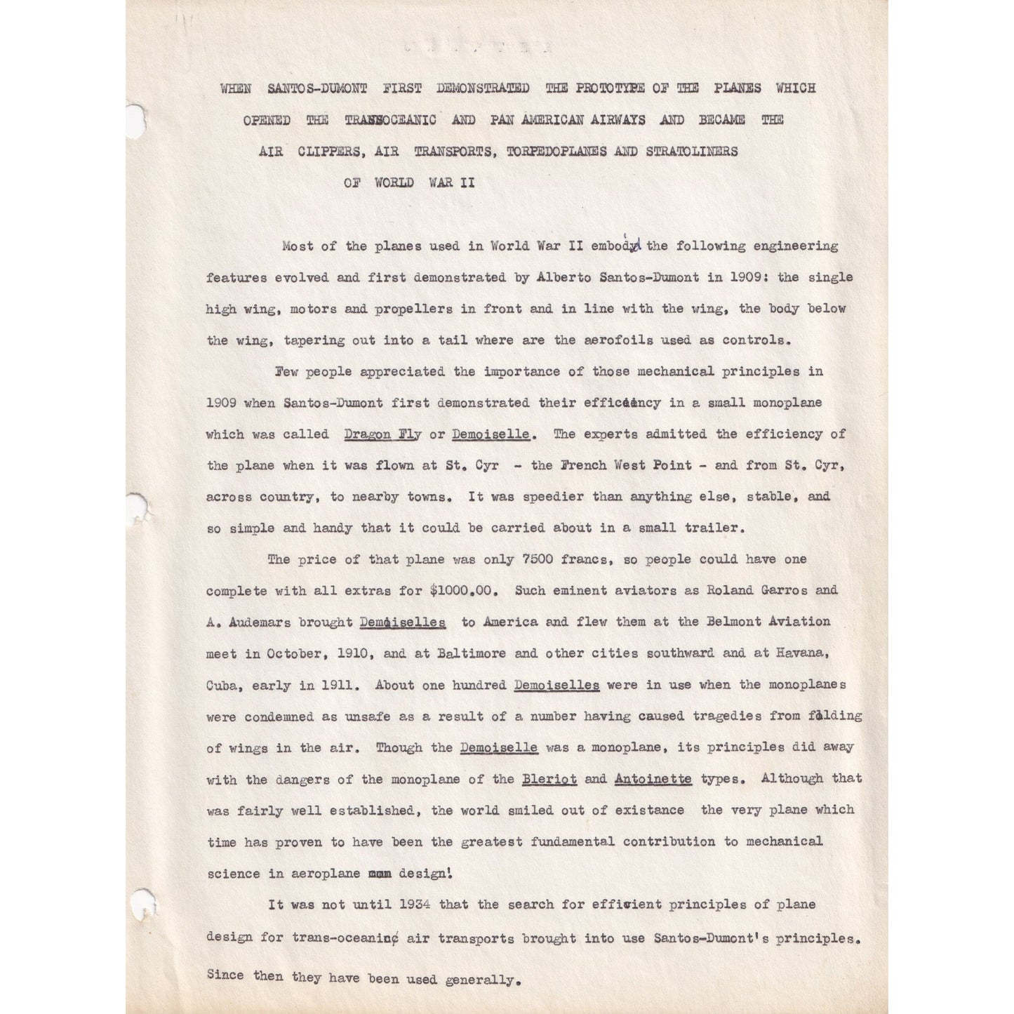 Estudo do legado de Santos-Dumont para a aviação (pós-Segunda Guerra Mundial) Manuscritos Com certificado de autenticidade e garantia 