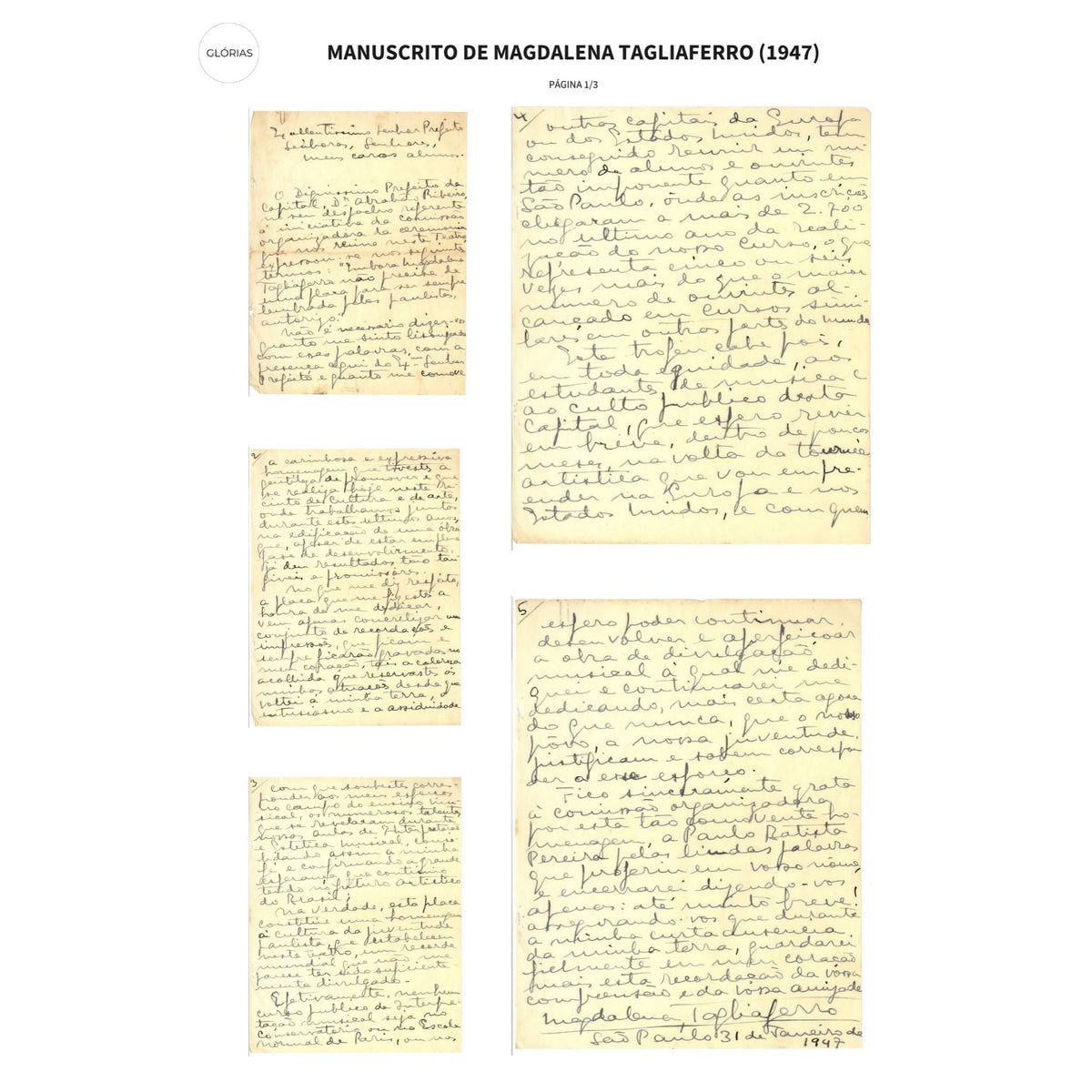 Manuscrito de Magdalena Tagliaferro (1947) Manuscritos Com certificado de autenticidade e garantia 