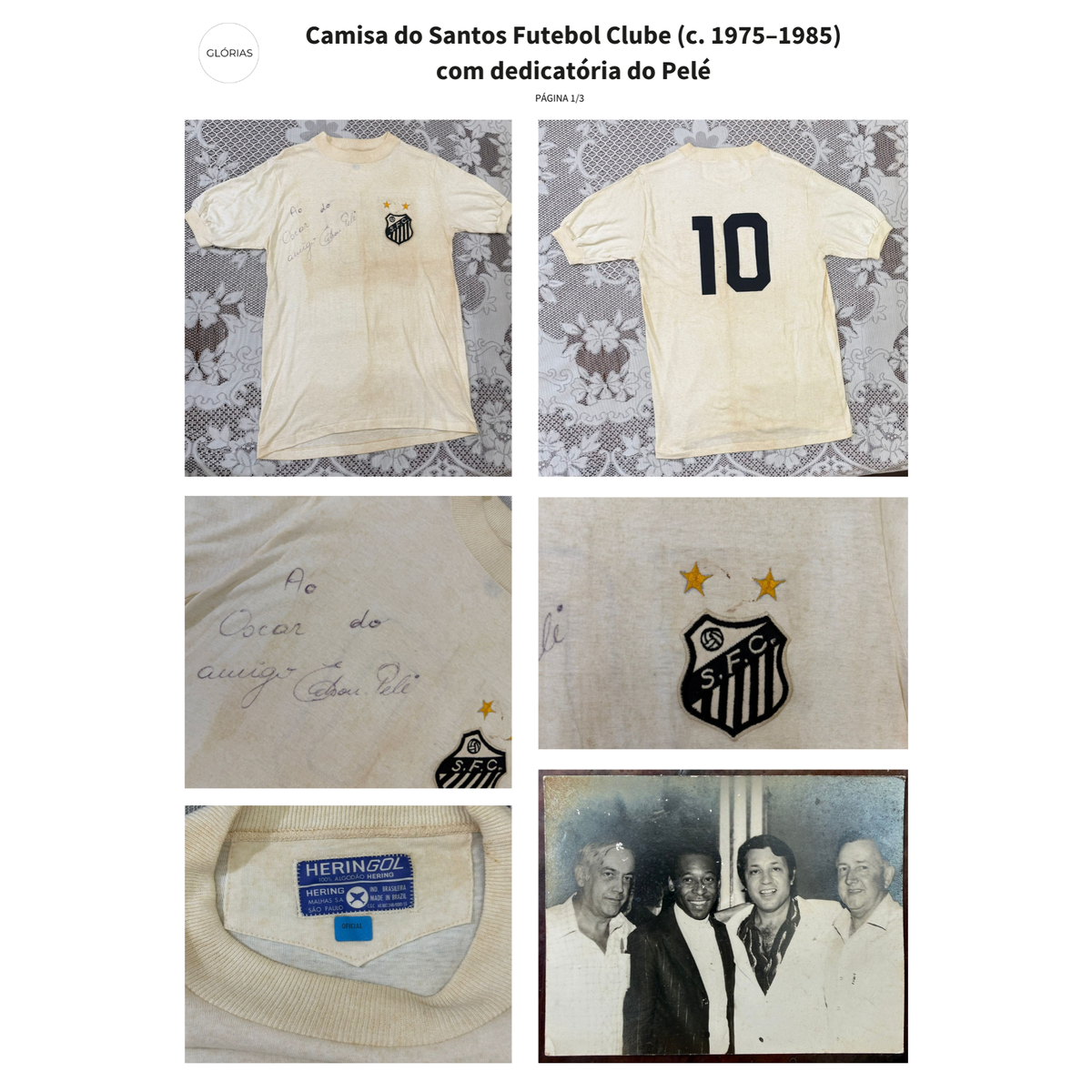 Camisa do Santos Futebol Clube (c. 1975–1985) com dedicatória do Pelé