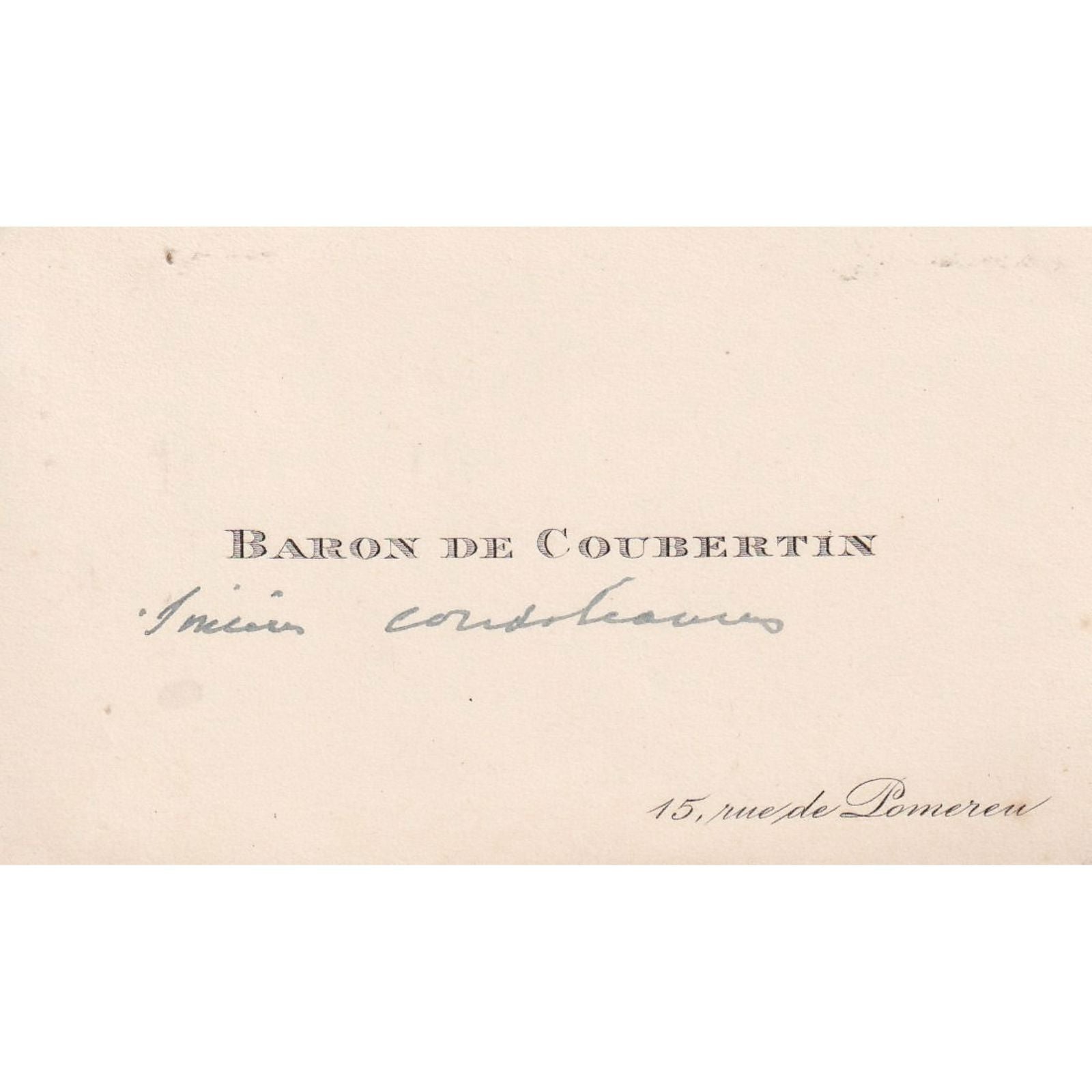 Cartão de visita com linha manuscrita do Barão de Coubertin Autógrafos e dedicatórias Com certificado de autenticidade e garantia 