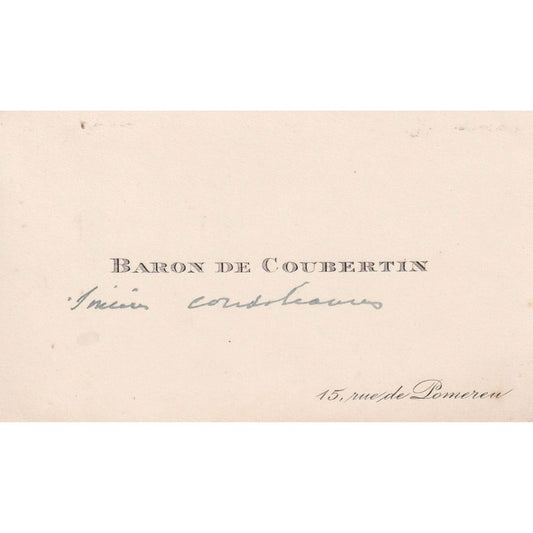 Cartão de visita com linha manuscrita do Barão de Coubertin Autógrafos e dedicatórias Com certificado de autenticidade e garantia 