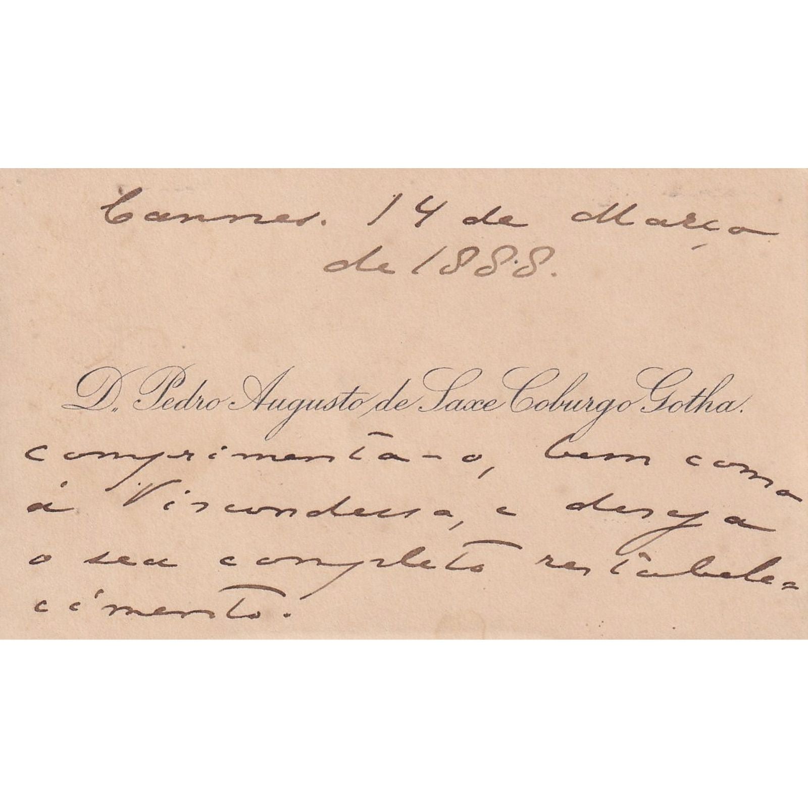 Cartão de visitas autógrafo de Dom Pedro Augusto (1888) Autógrafos e dedicatórias Com certificado de autenticidade e garantia 