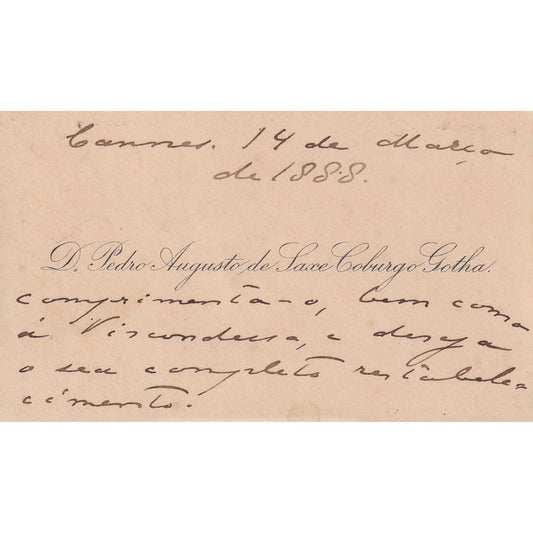 Cartão de visitas autógrafo de Dom Pedro Augusto (1888) Autógrafos e dedicatórias Com certificado de autenticidade e garantia 
