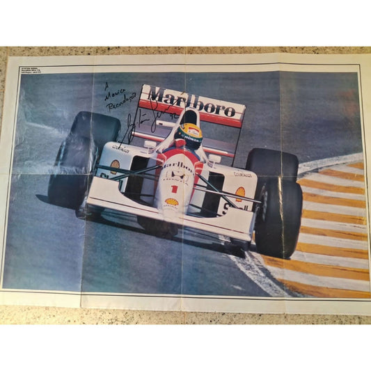 Pôster de Ayrton Senna com dedicatória e assinatura (1992) Fotografias autografadas Com certificado de autenticidade e garantia 