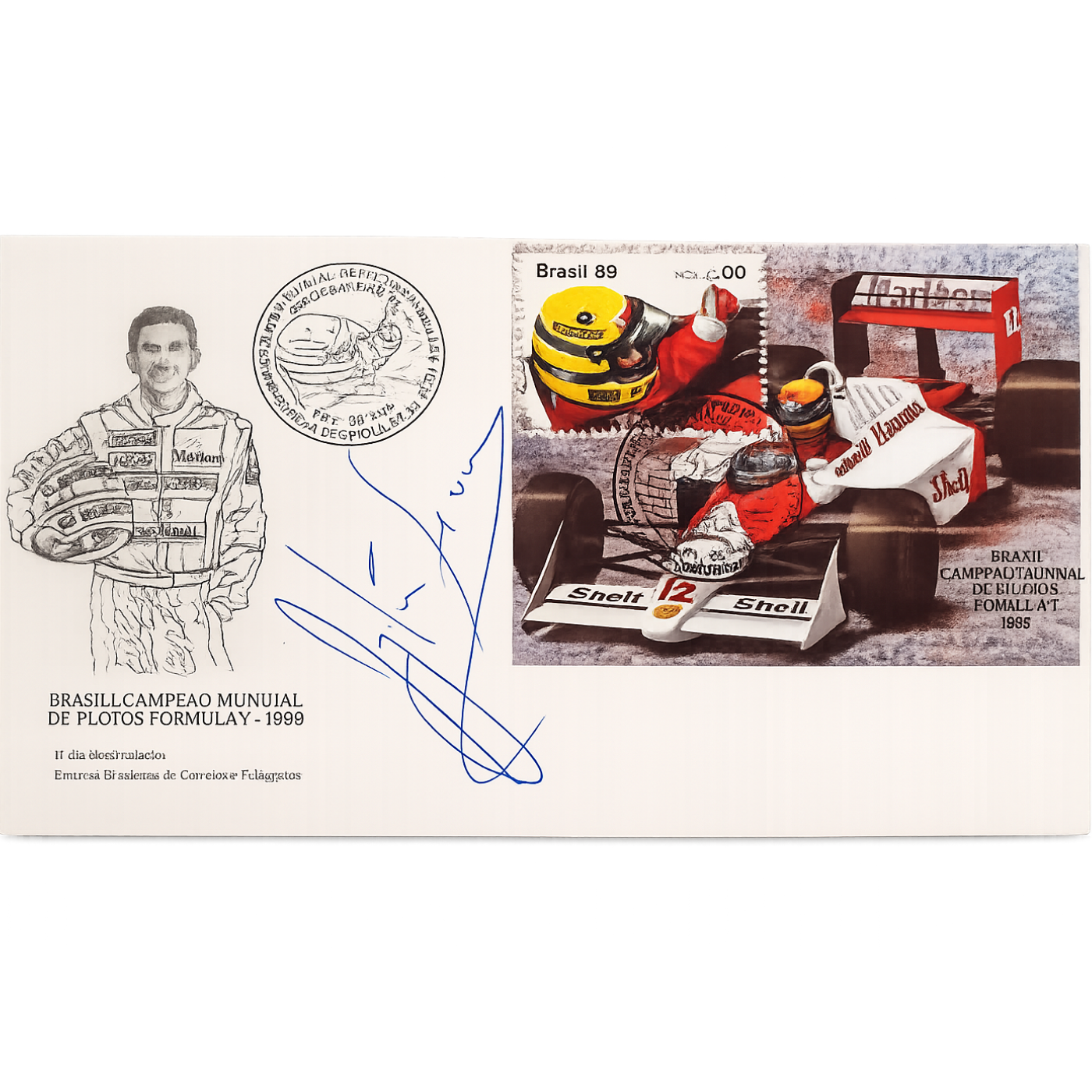 Autógrafo de Ayrton Senna em bloco filatélico comemorativo (1989)