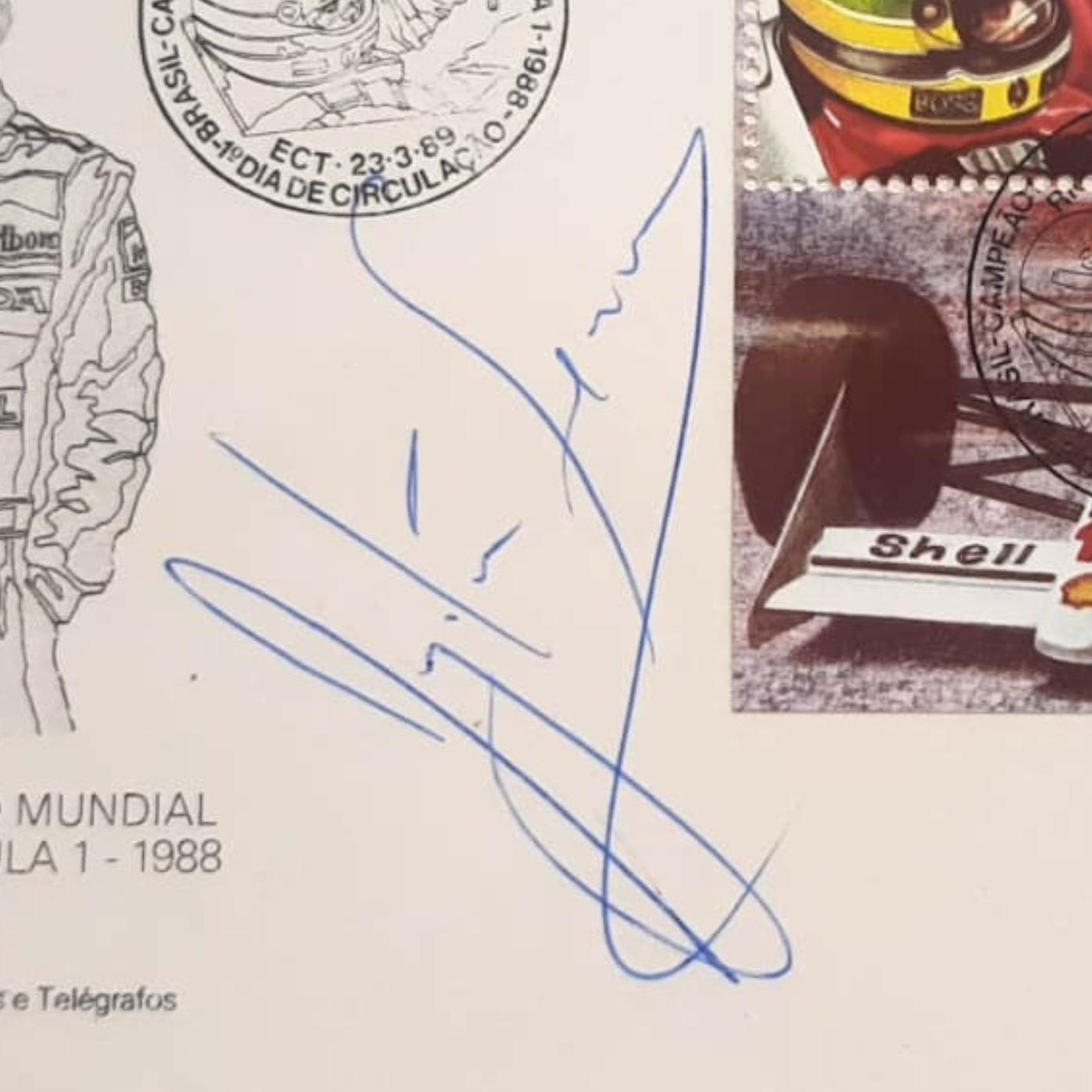 Autógrafo de Ayrton Senna em bloco filatélico comemorativo (1989)