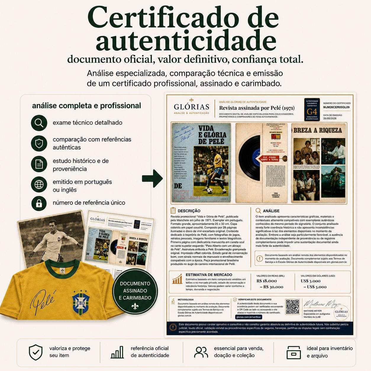 Obtenha um certificado profissional para valorizar, documentar e apresentar seu item com confiança Glórias | Autógrafos e Manuscritos Raros 