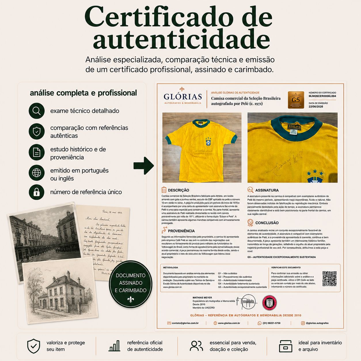 Obtenha um certificado profissional para valorizar, documentar e apresentar seu item com confiança Glórias | Autógrafos e Manuscritos Raros 
