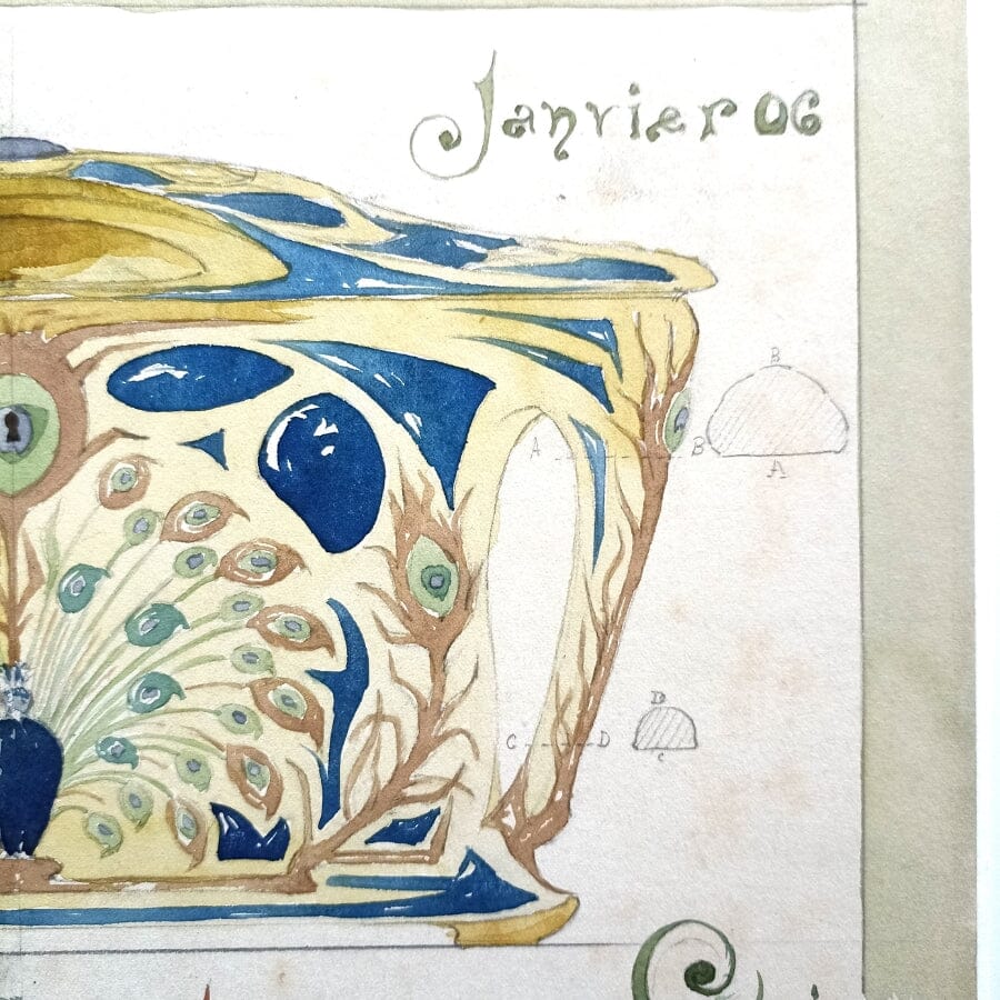 Desenho de joalheiro, com estilo Art Nouveau (início do século XX) Desenhos Com certificado de autenticidade e garantia 