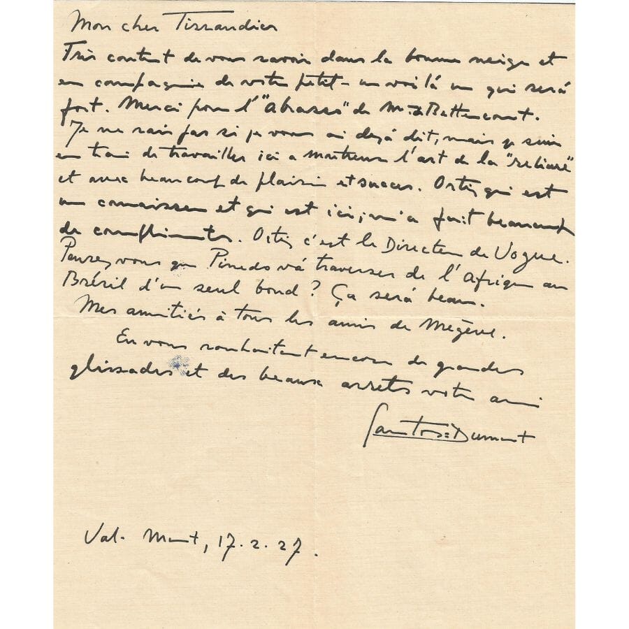 Carta manuscrita de Alberto Santos Dumont (1927) Autógrafos e dedicatórias Com certificado de autenticidade e garantia 