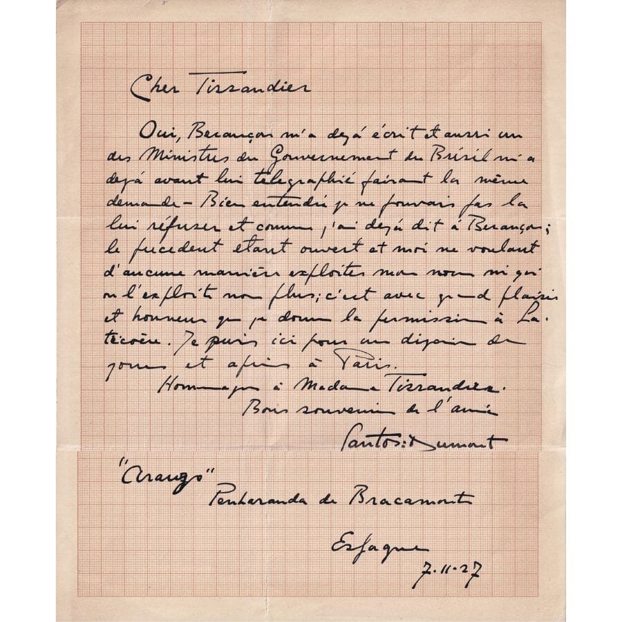 Carta manuscrita de Alberto Santos Dumont para Tissandier (1927) Autógrafos e dedicatórias Com certificado de autenticidade e garantia 