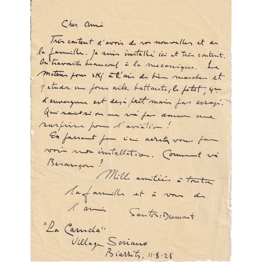 Carta manuscrita de Santos Dumont para Tissandier (1928) Autógrafos e dedicatórias Com certificado de autenticidade e garantia 