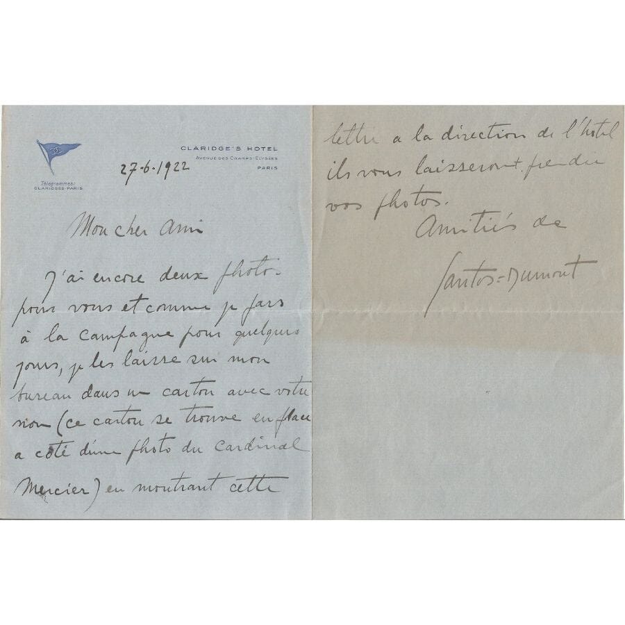 Carta manuscrita de Santos Dumont para um amigo (1922) Autógrafos e dedicatórias Com certificado de autenticidade e garantia 