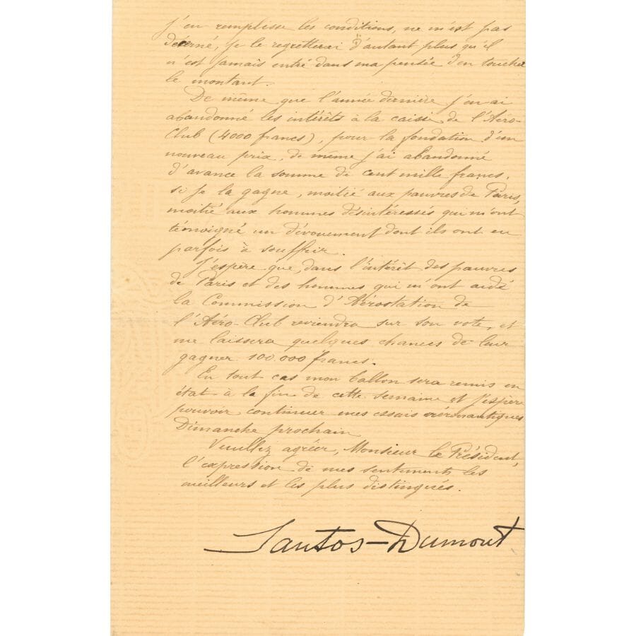 Carta assinada por Santos Dumont para o Presidente do AeroClube em Paris (1901) Autógrafos e dedicatórias Com certificado de autenticidade e garantia 