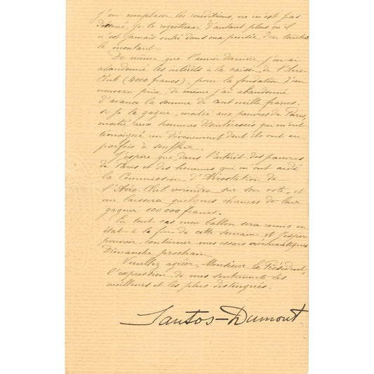 Carta assinada por Santos Dumont para o Presidente do AeroClube em Paris (1901) Autógrafos e dedicatórias Com certificado de autenticidade e garantia 