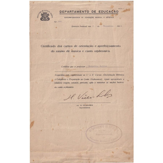 Certificado assinado por Heitor Villa-Lobos (1935) Diversos Com certificado de autenticidade e garantia 