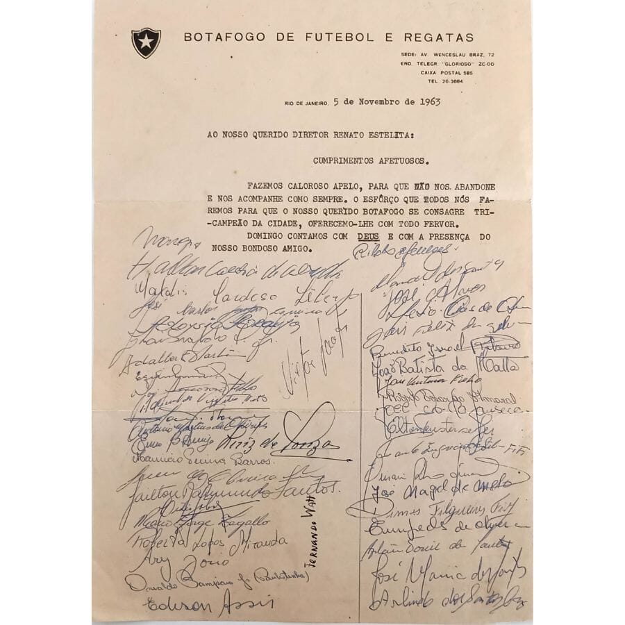 Assinaturas do Garrincha, Quarentinha e Zagallo em uma carta do Botafogo (1963) Autógrafos e dedicatórias Com certificado de autenticidade e garantia 