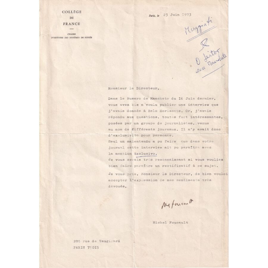 Carta assinada por Michel Foucault (1973) Cartas Com certificado de autenticidade e garantia 