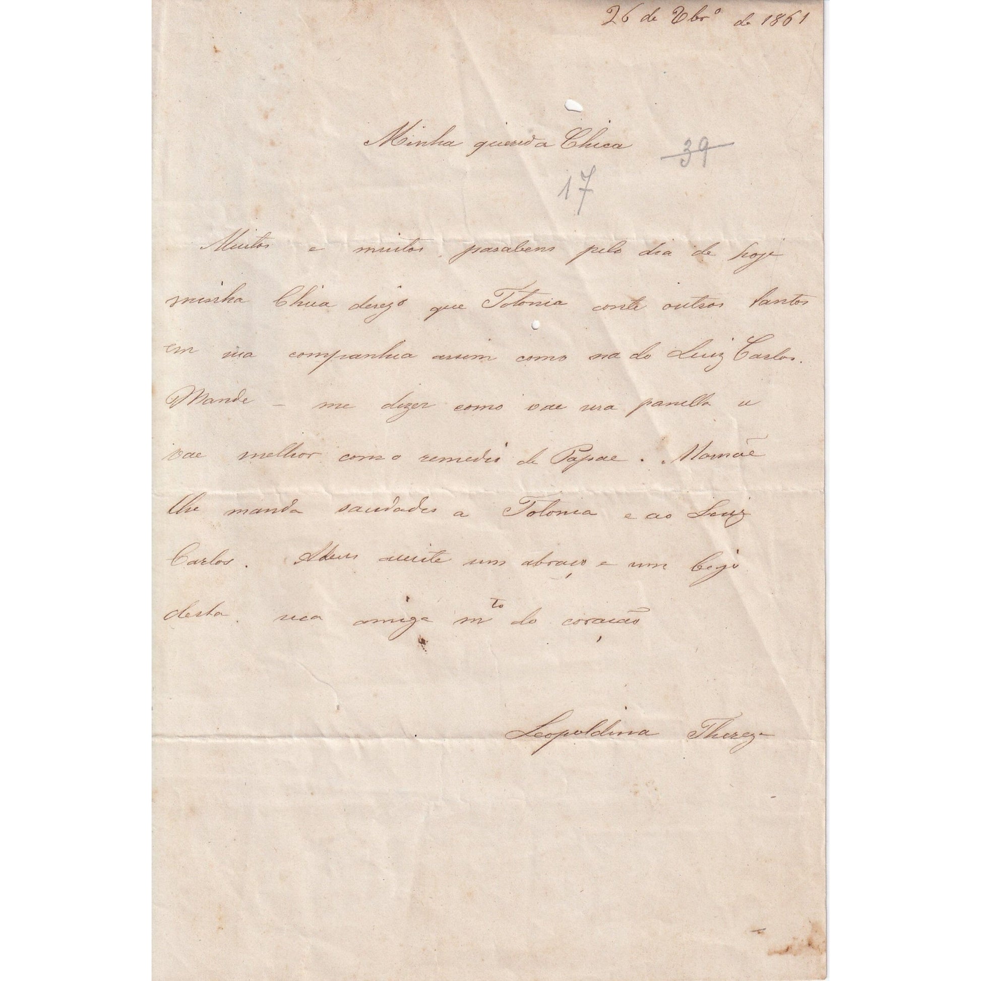 Carta manuscrita de Leopoldina para Francisca (1861) Manuscritos Com certificado de autenticidade e garantia 
