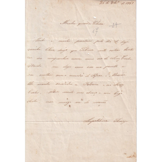 Carta manuscrita de Leopoldina para Francisca (1861) Manuscritos Com certificado de autenticidade e garantia 