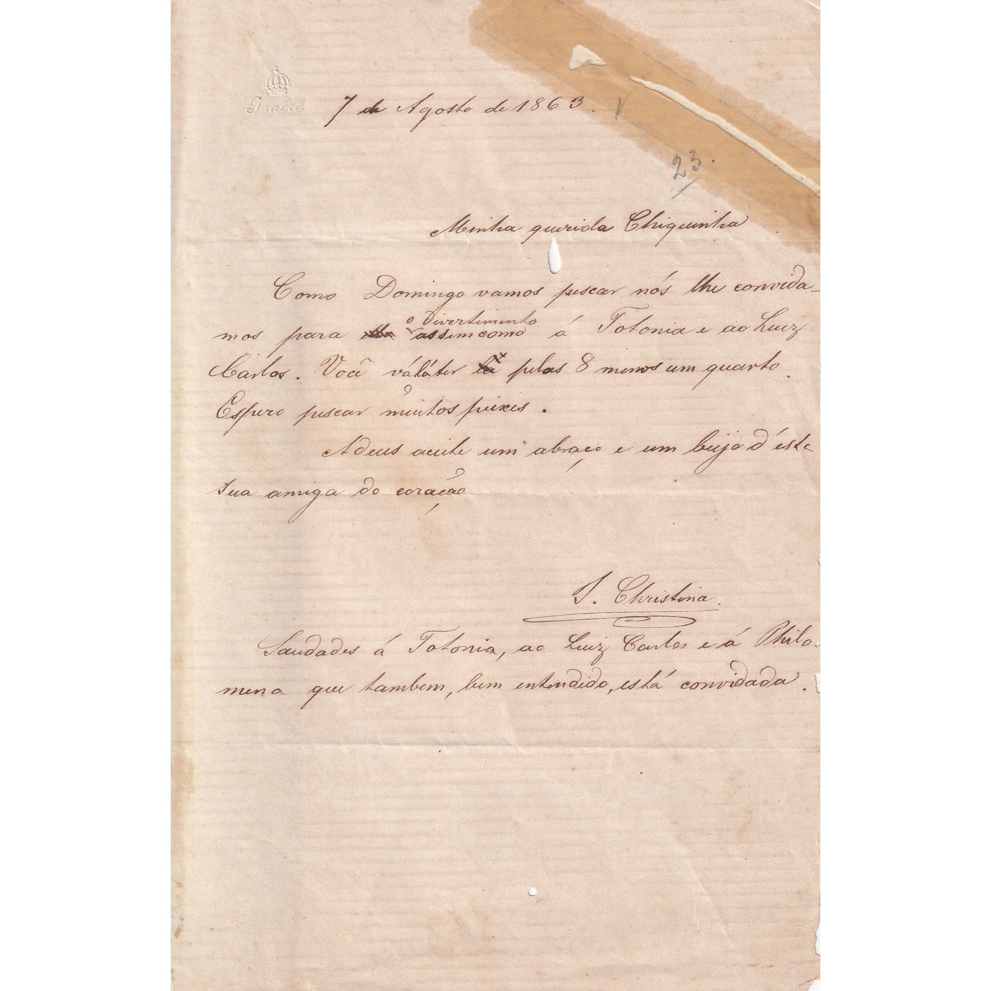 Carta manuscrita da Princesa Isabel aos 17 anos (1863) Cartas Com certificado de autenticidade e garantia 