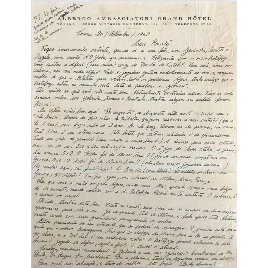 Carta manuscrita sobre Garrincha, Santos e Zagalo (1962) Autógrafos e dedicatórias Com certificado de autenticidade e garantia 