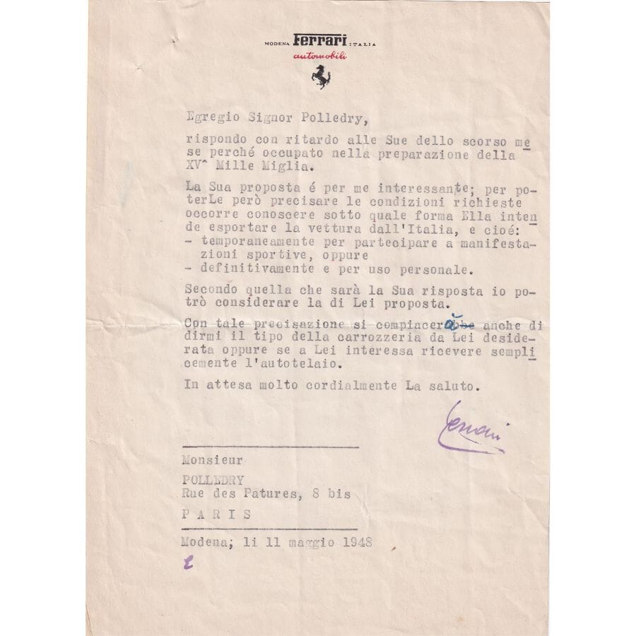 Duas cartas assinadas por Enzo Ferrari (1948) Autógrafos e dedicatórias Com certificado de autenticidade e garantia 