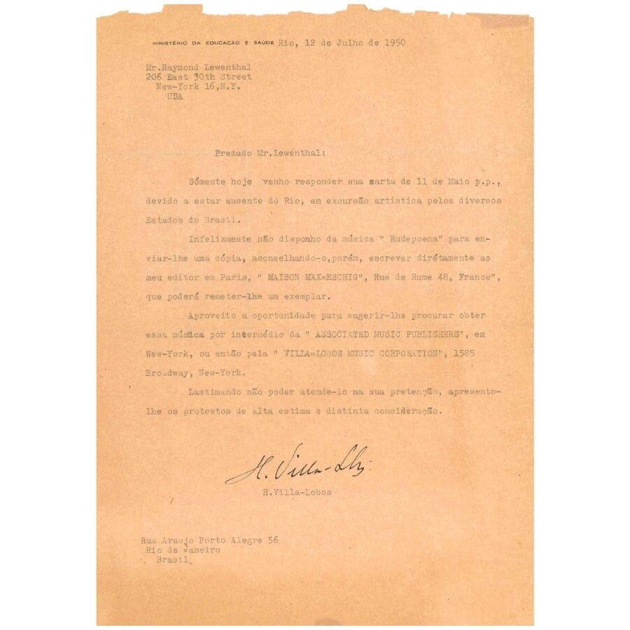 Carta manuscrita de Heitor Villa-Lobos (1950) Cartas Com certificado de autenticidade e garantia 