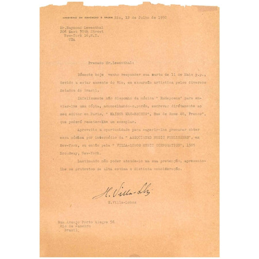 Carta manuscrita de Heitor Villa-Lobos (1950) Cartas Com certificado de autenticidade e garantia 