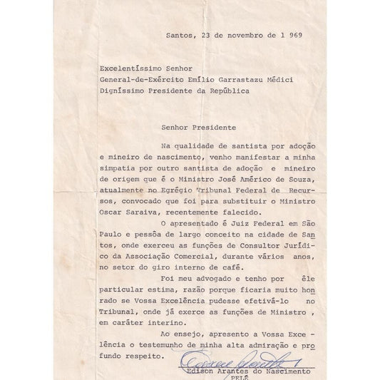 Carta assinada por Pelé (1969) Autógrafos e dedicatórias Com certificado de autenticidade e garantia 