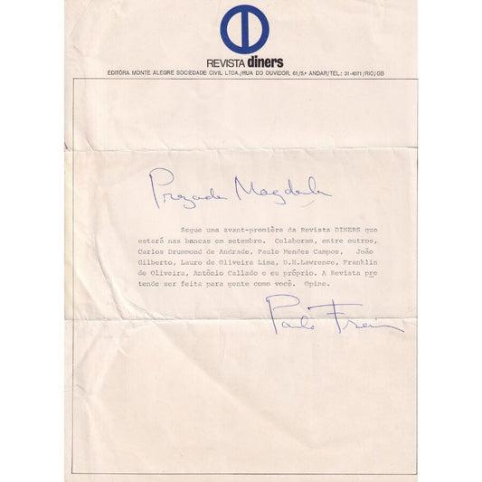 Carta assinada por Paulo Freire Autógrafos e dedicatórias Com certificado de autenticidade e garantia 