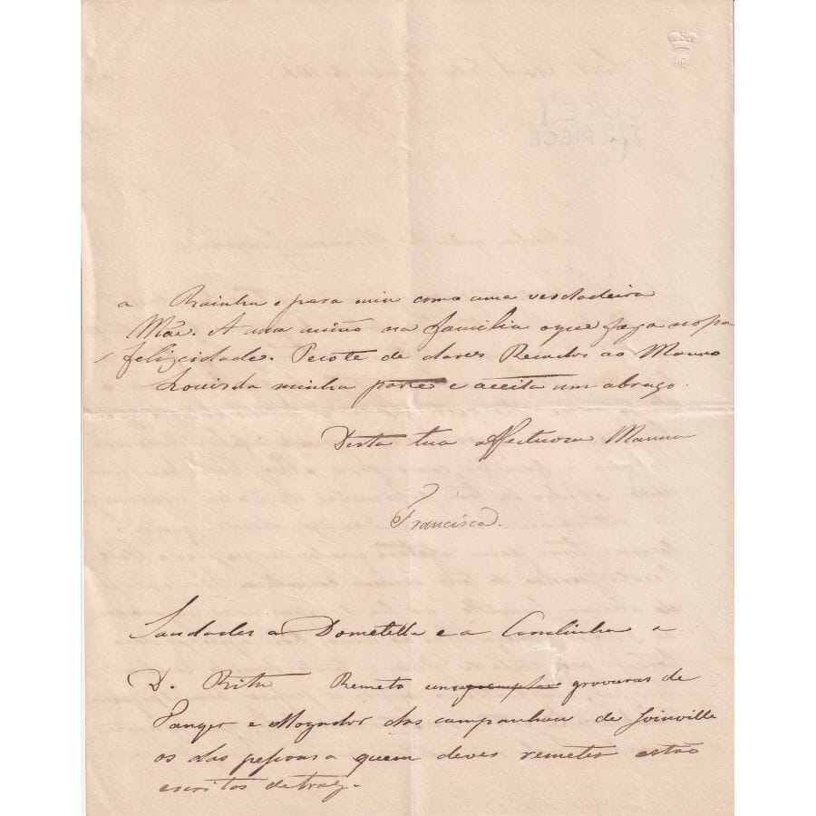 Carta manuscrita da Princesa Francisca (1844) Autógrafos e dedicatórias Com certificado de autenticidade e garantia 
