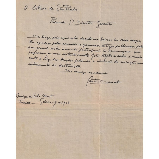 Carta manuscrita de Alberto Santos Dumont (1926) Com certificado de autenticidade e garantia 