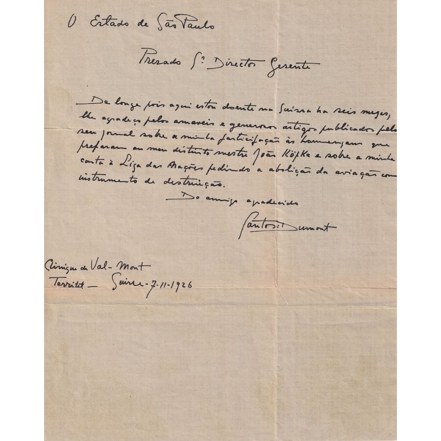 Carta manuscrita de Alberto Santos Dumont (1926) Com certificado de autenticidade e garantia 