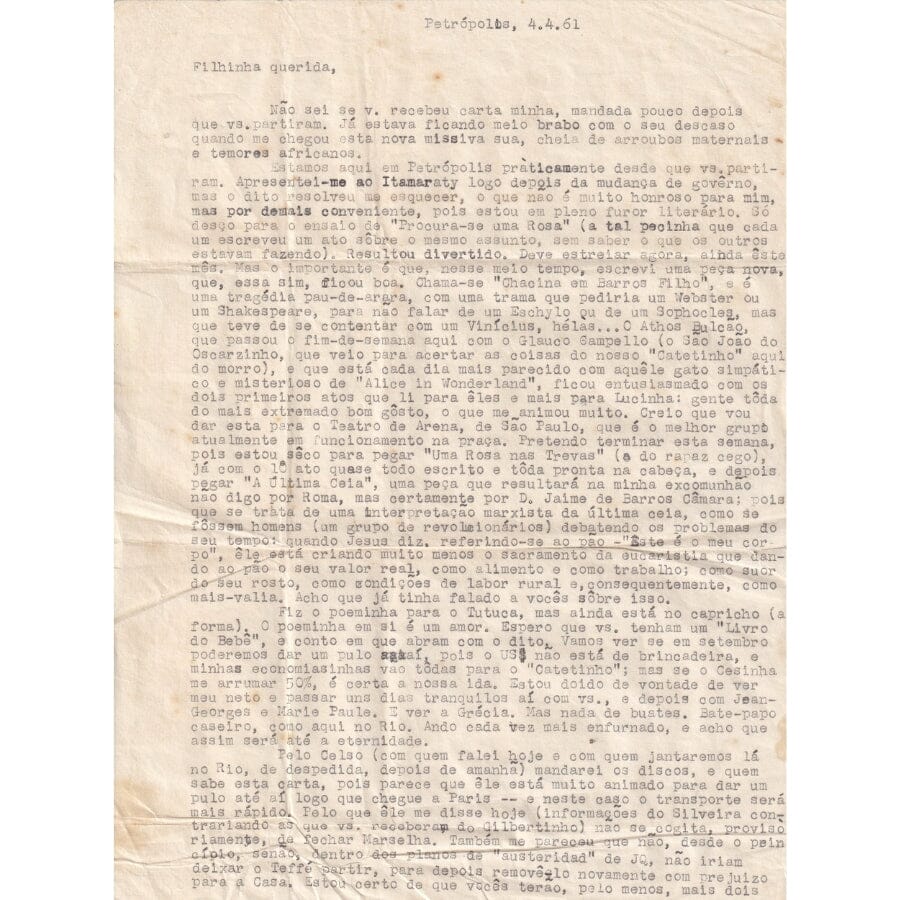Carta assinada por Vinícius de Moraes (1961) Cartas Com certificado de autenticidade e garantia 