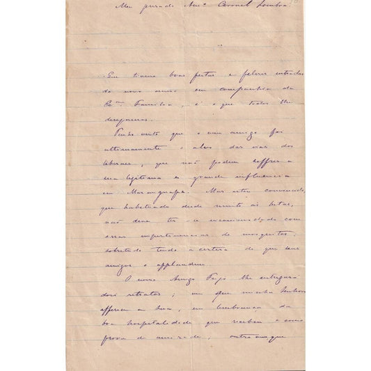 Carta manuscrita de José de Alencar (1875) Cartas Com certificado de autenticidade e garantia 