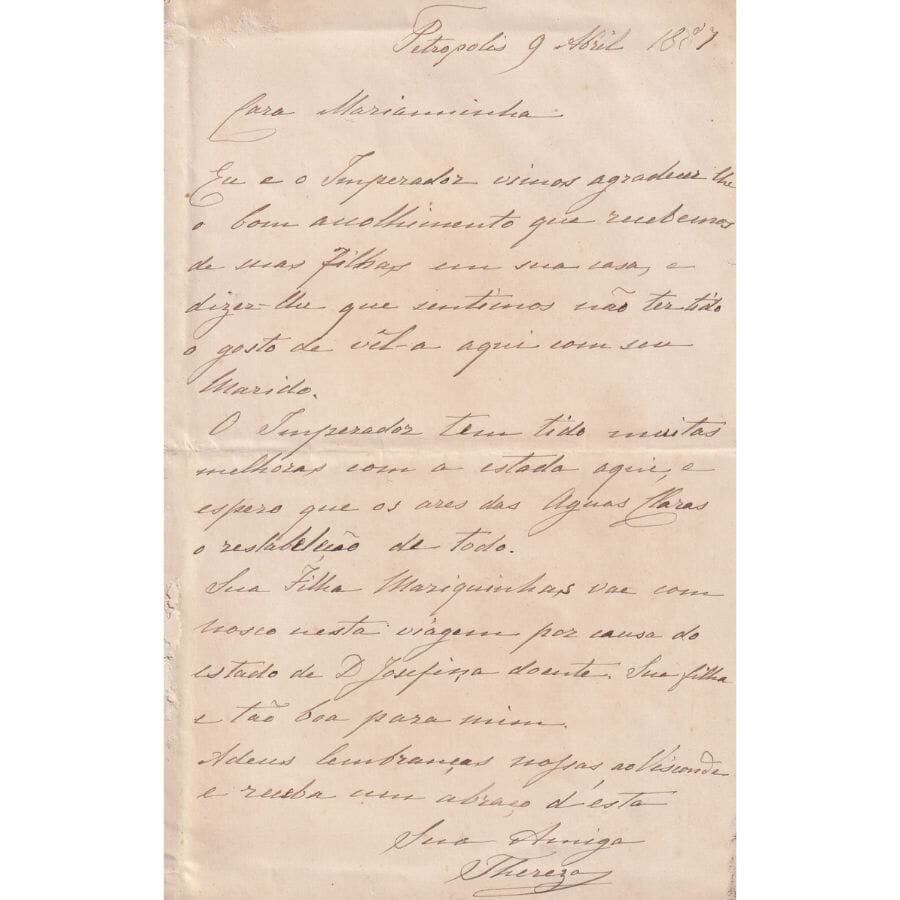 Carta manuscrita da Imperatriz Teresa Cristina (1887) Com certificado de autenticidade e garantia 