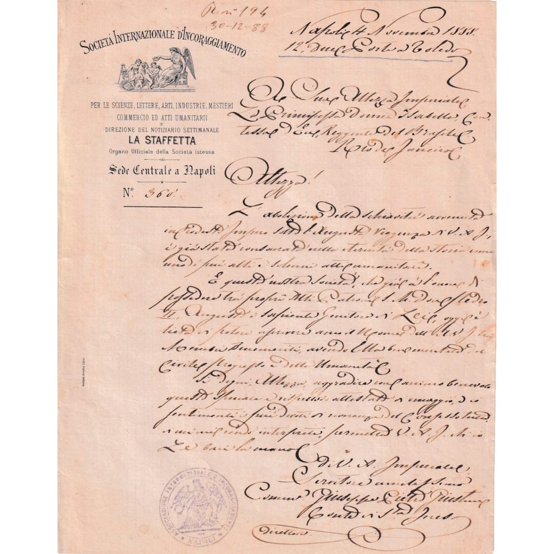 Carta de homenagem italiana à Princesa Isabel pela Lei Áurea (1888) Cartas Com certificado de autenticidade e garantia 